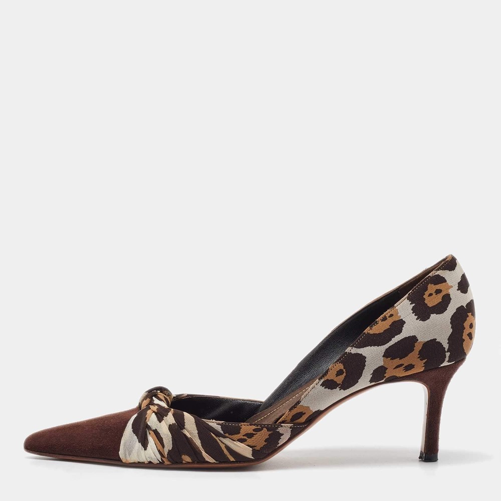Rene Caovilla Brown Leopard Print Fabric and Suede Knotted Pointed Toe Pumps