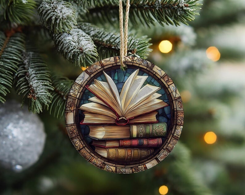 Vintage Books Stained Glass Christmas Ornament Book Lover Christmas Gift Circ...