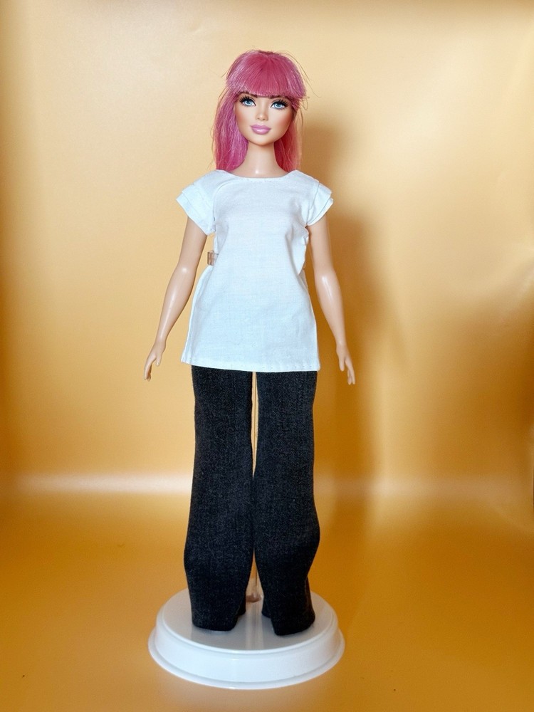 Hand-sewn White Top And Denim Pants For Barbie Doll ( Curvy Doll )