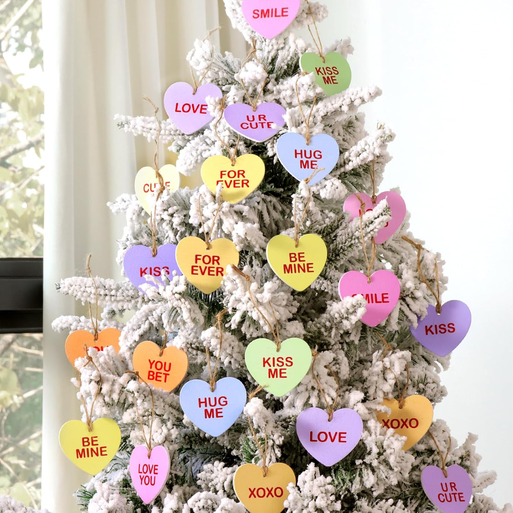 24Pcs Wooden Candy Heart Ornaments for Valentine's Day Decor