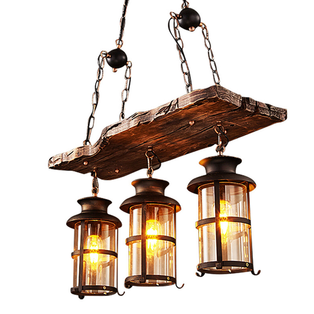3-Lights Rustic Lighting Chandelier Wood Pendant Light Fixture Ceiling Lamp E27