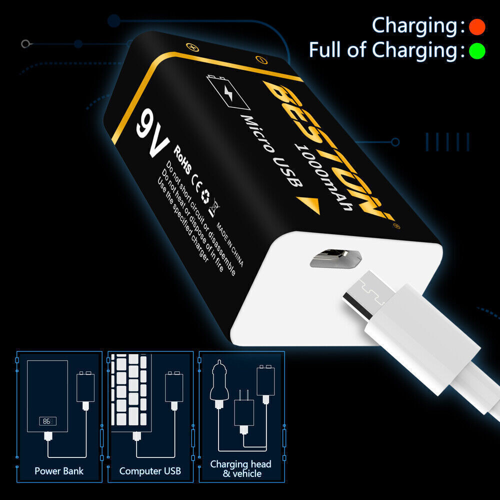 1000mAh 9V Rechargeable Battery with USB Charging Black