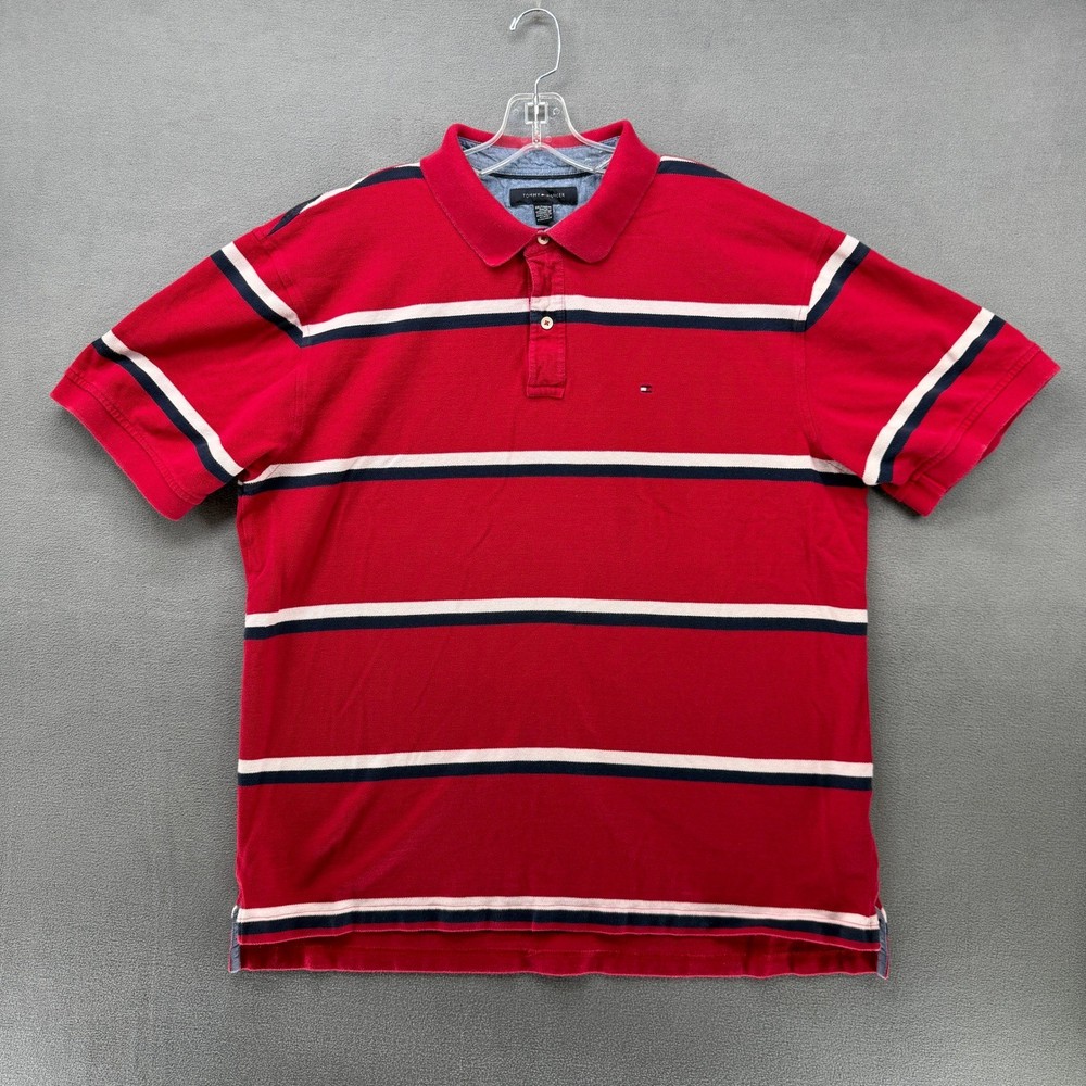 Tommy Hilfiger Mens XXL Red Striped Short Sleeve Cotton Pique Polo Shirt
