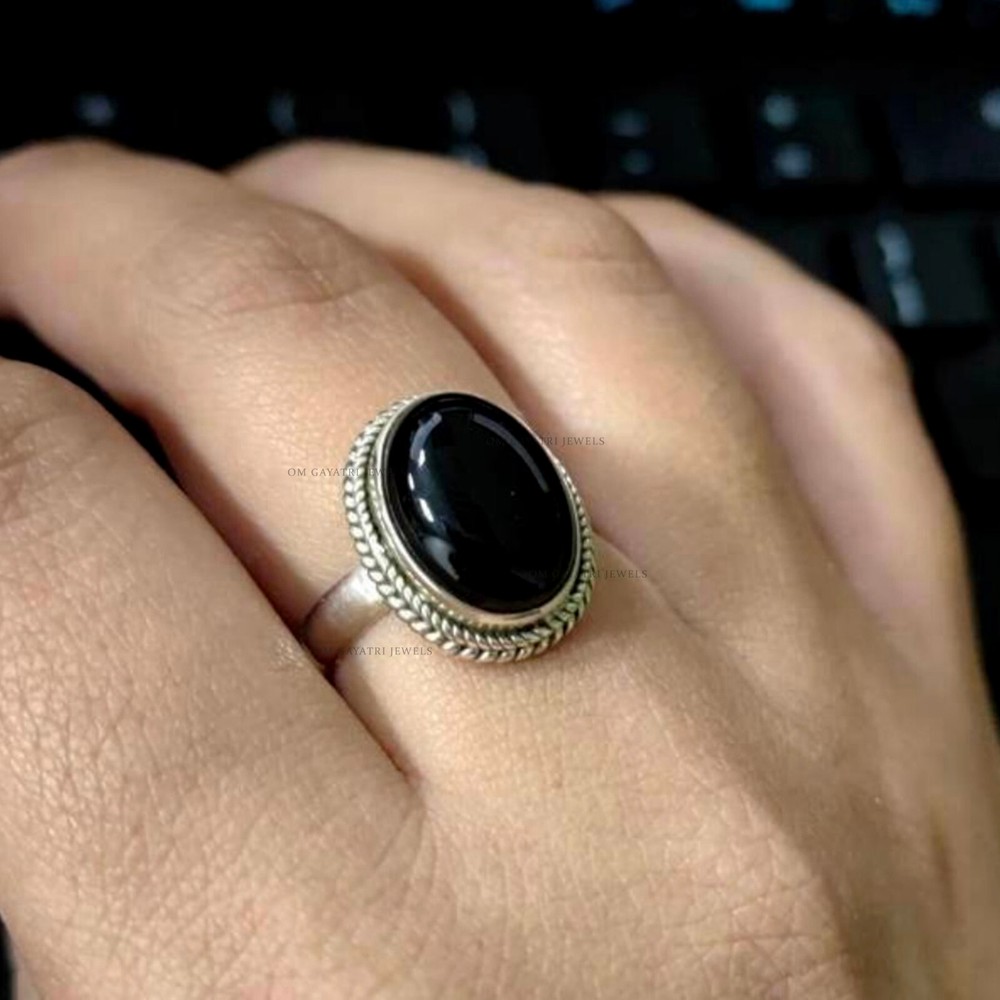 Natural Black Onyx Ring 925 Sterling Silver Ring Handmade Cabochon Ring for Her