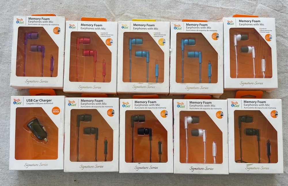 9Pk-Memory Foam Earphones with Mic Sorted color+One Usb Car Charger