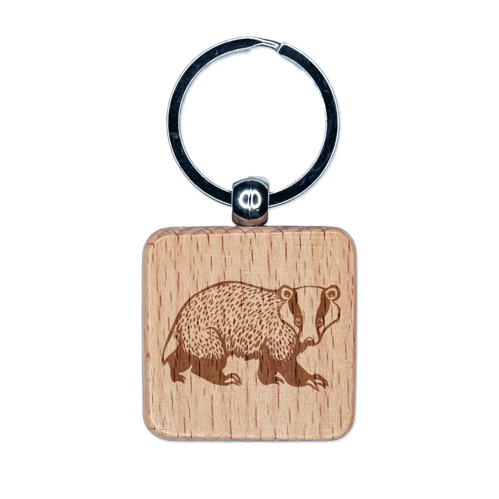 Curious Badger Engraved Wood Square Keychain Tag Charm