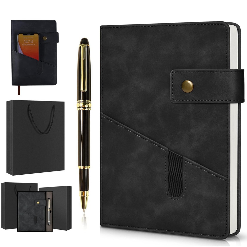 Black A5 Lined Leather Journal Notebook,Personalized Hardcover Journal Set wi...