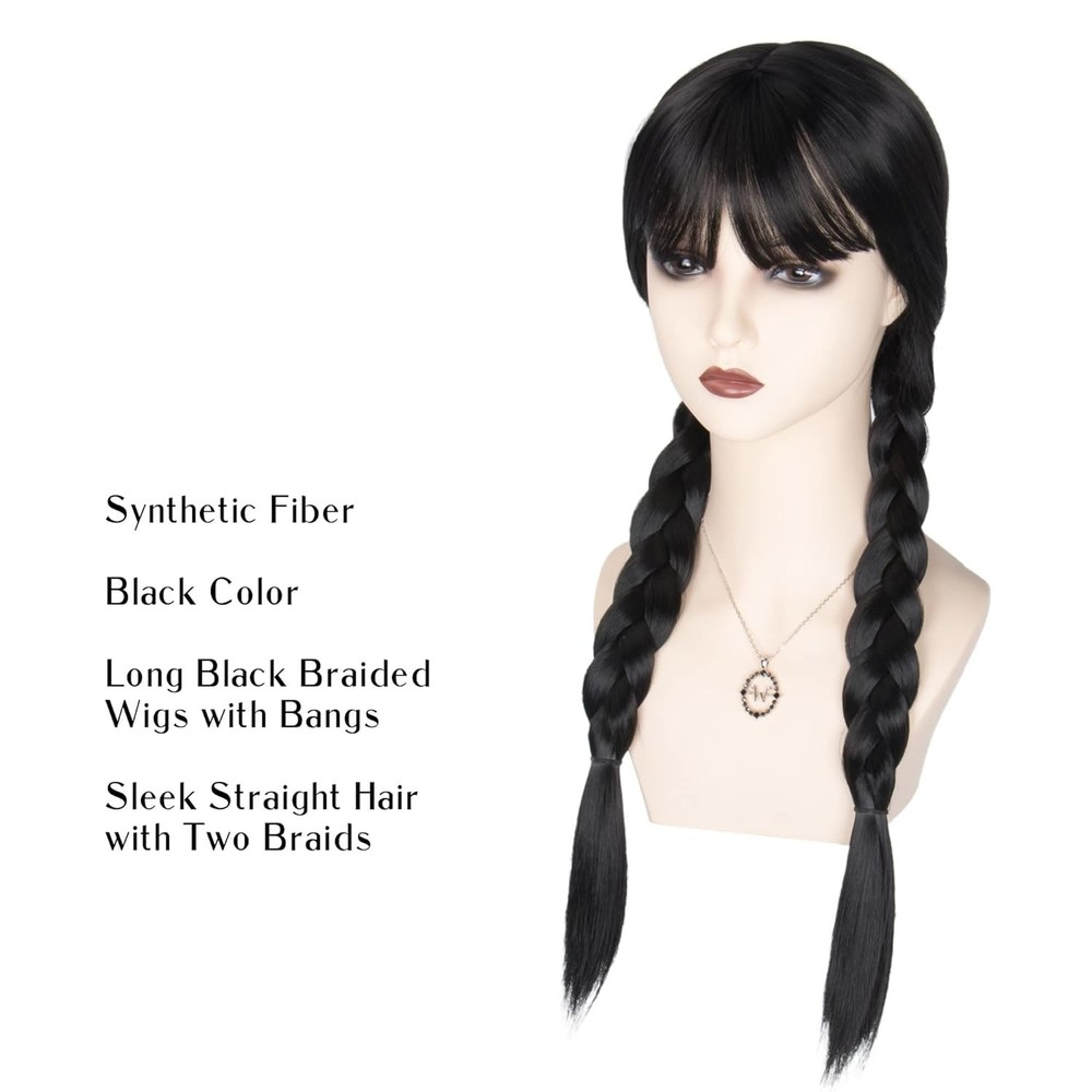 Women Girls Long Black Braids Wig with Bangs Long Straight Pigtails Wig for Adul