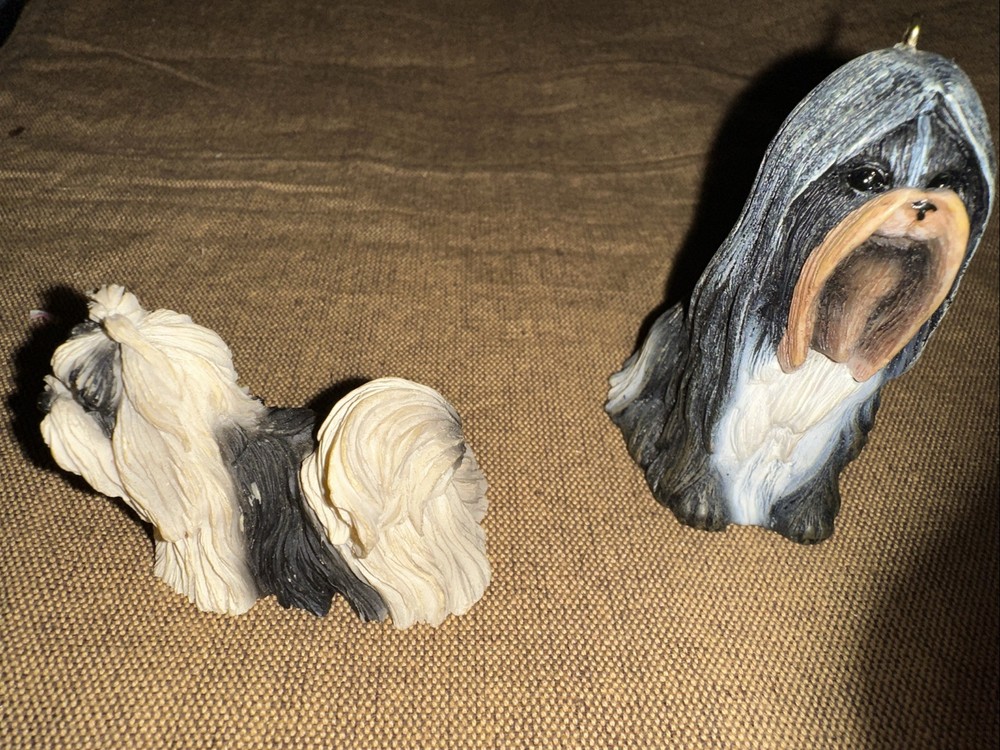 Lot of 2 Shih Tzu Dog Puppy Christmas Tree Detailed Resin Ornaments Two Colors