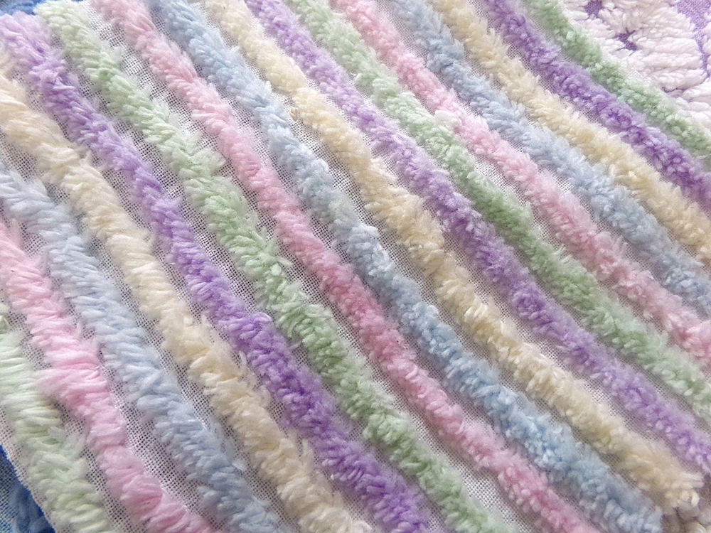 Pastel Rainbow Stripes Vtg Chenille Bedspread Fabric Sewing Quilt Material 18x24