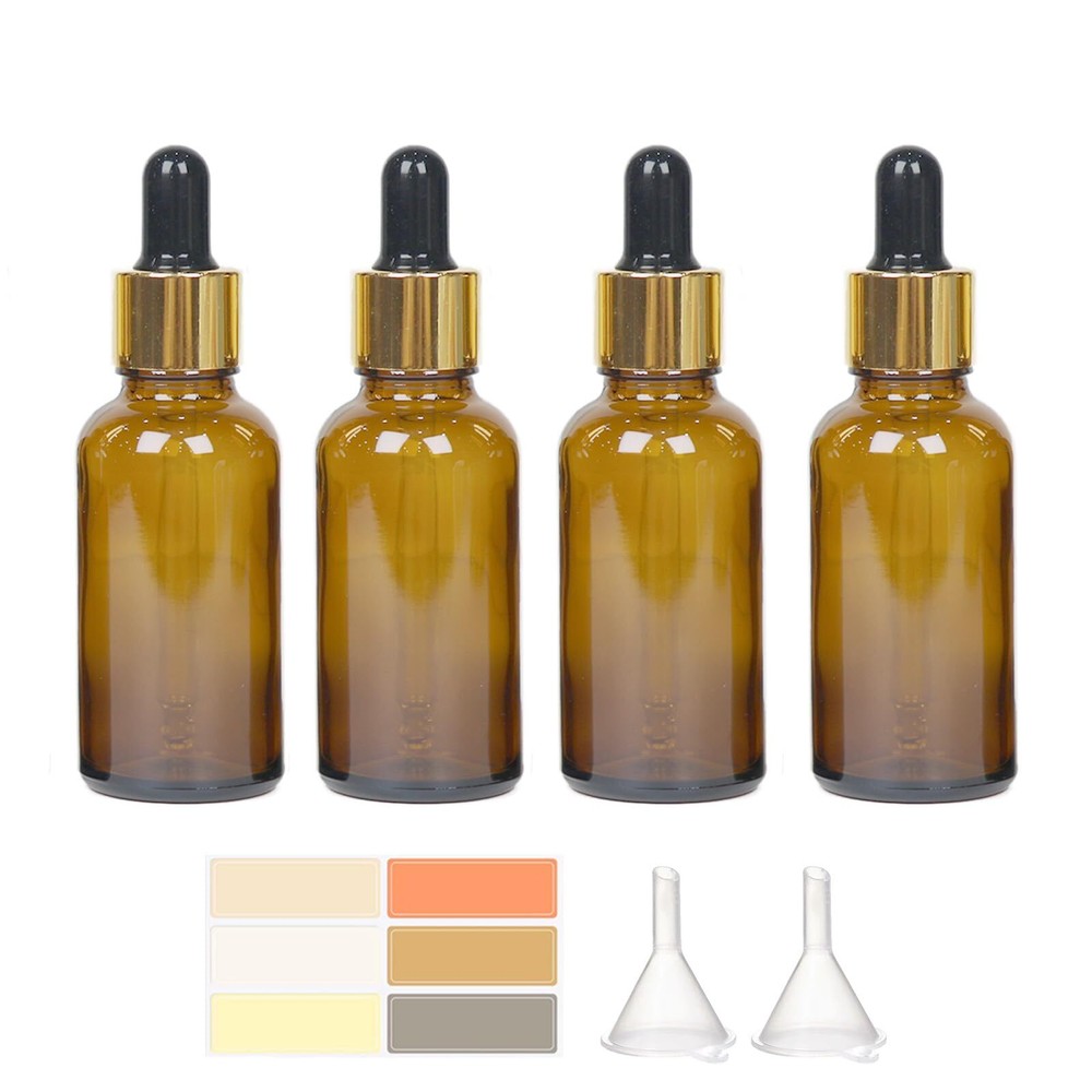 4-piece set, 1-ounce dropper bottle with 2 funnels and label -30ml amber glas...