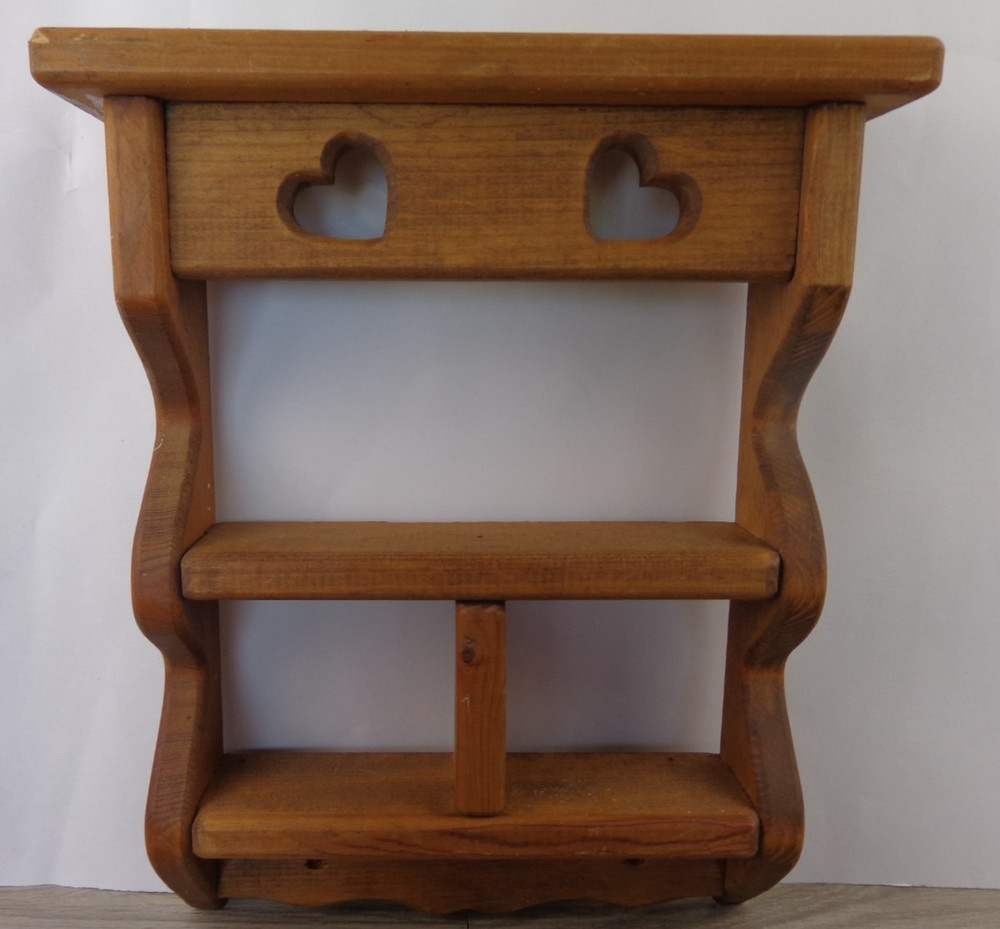 Vintage Primitive Wooden Heart Cutout Wall Shelf With Shadow Boxes 14.5 x 12