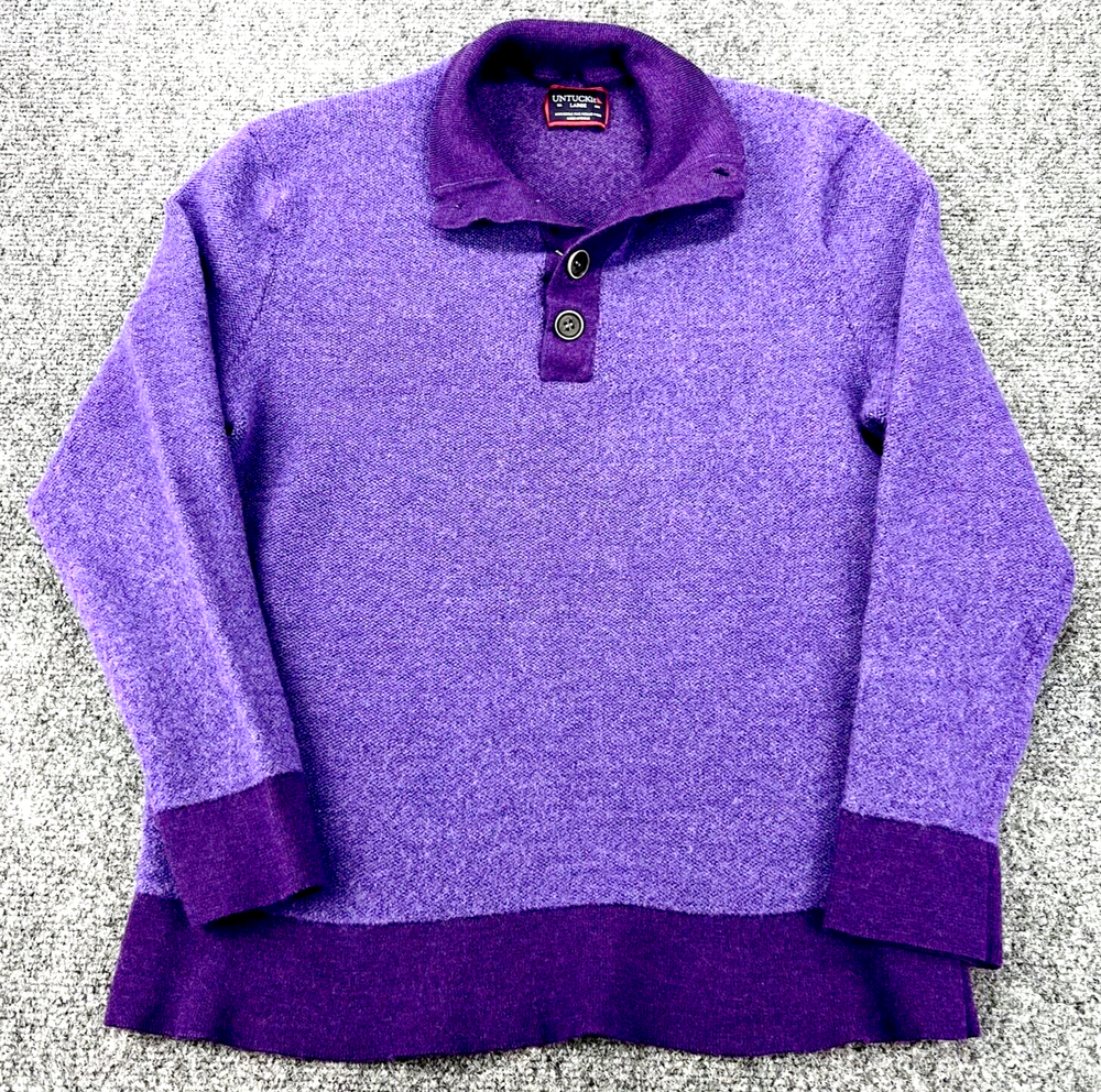 Untuckit Sweater Men Large(Medium) Purple 100% Extra Fine Merino Wool 1/4 Button