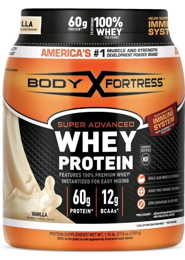 Body Fortress Super Advanced Whey Protein Powder Gluten Free Vanilla 1.74lb Expires 03/2027