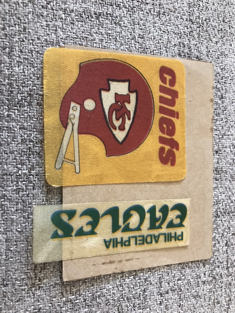 1972 Fleer CLOTH patch sticker decal Kansas City Chiefs Helmet Philly Eagles NFL