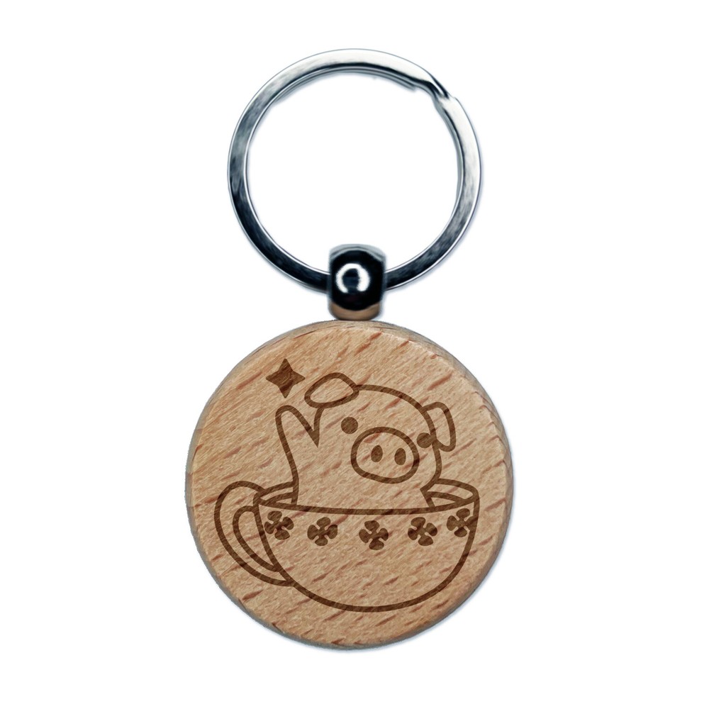 Teacup Pig Engraved Wood Round Keychain Tag Charm