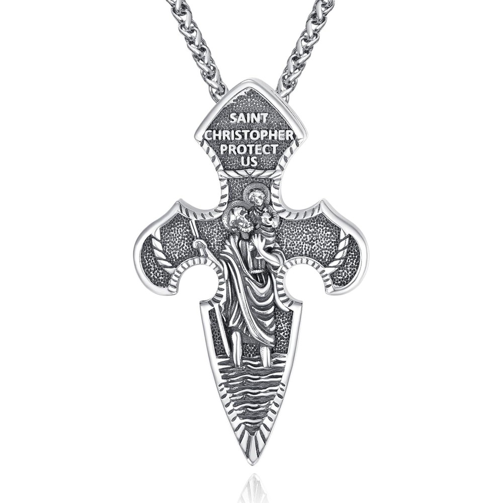 St Christopher Cross Necklace Patron Pendant Travelers Protection 925 Sterlin...
