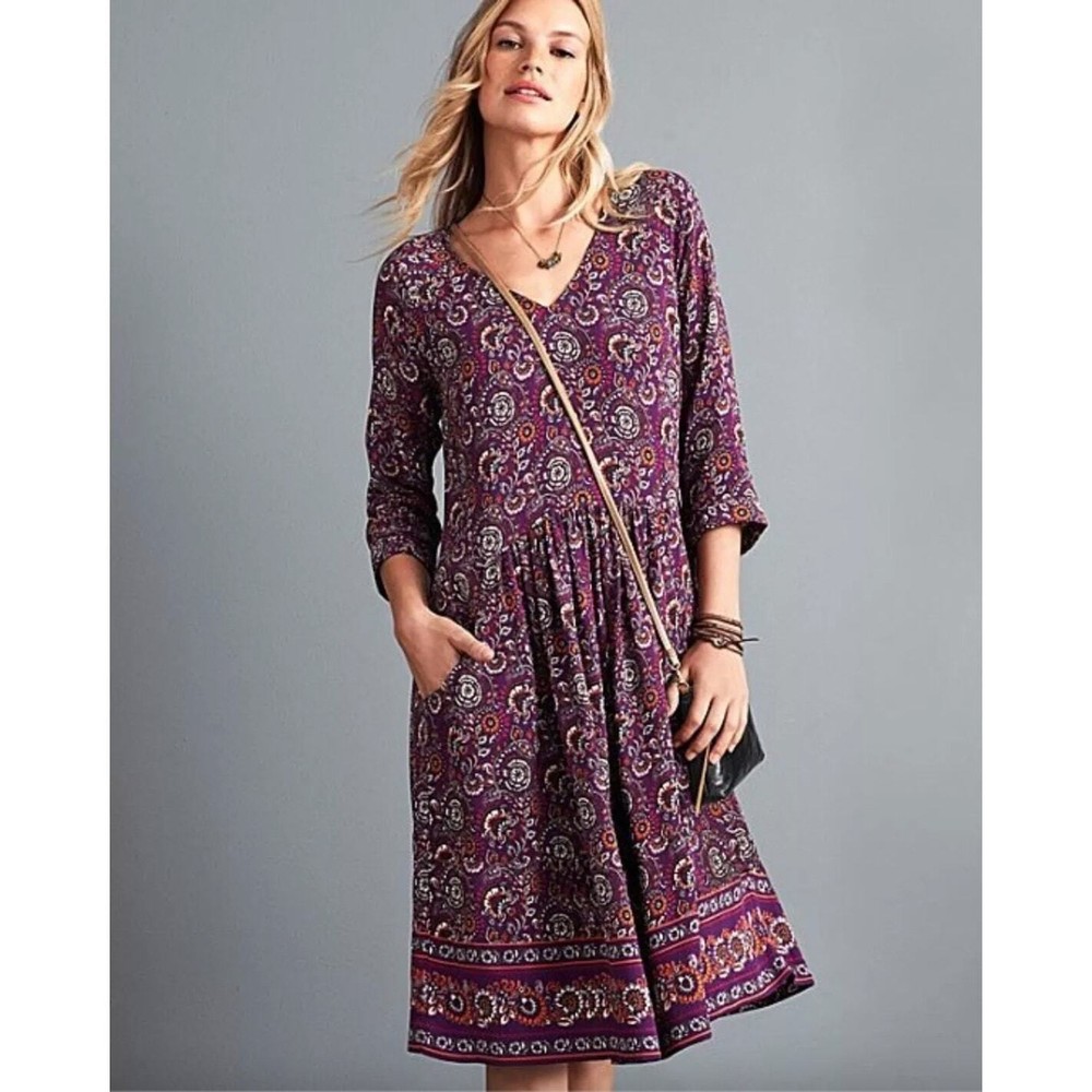 Garnet Hill V-Neck Boho Print 3/4 Sleeves Knee Length Dress Size 14 Cottagecore