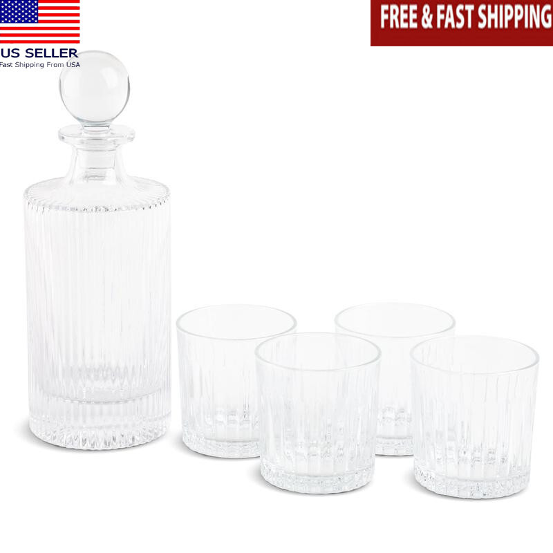 Whiskey Decanter and 4 Cocktail Glasses 5-Piece Bar Set Hand Wash Only  