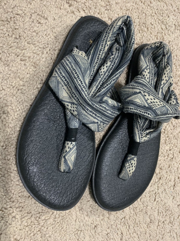 SANUK  Yoga Sling Womens Sandals Sz 5 Blue/Beige Slingback Thong Shoes Stretch