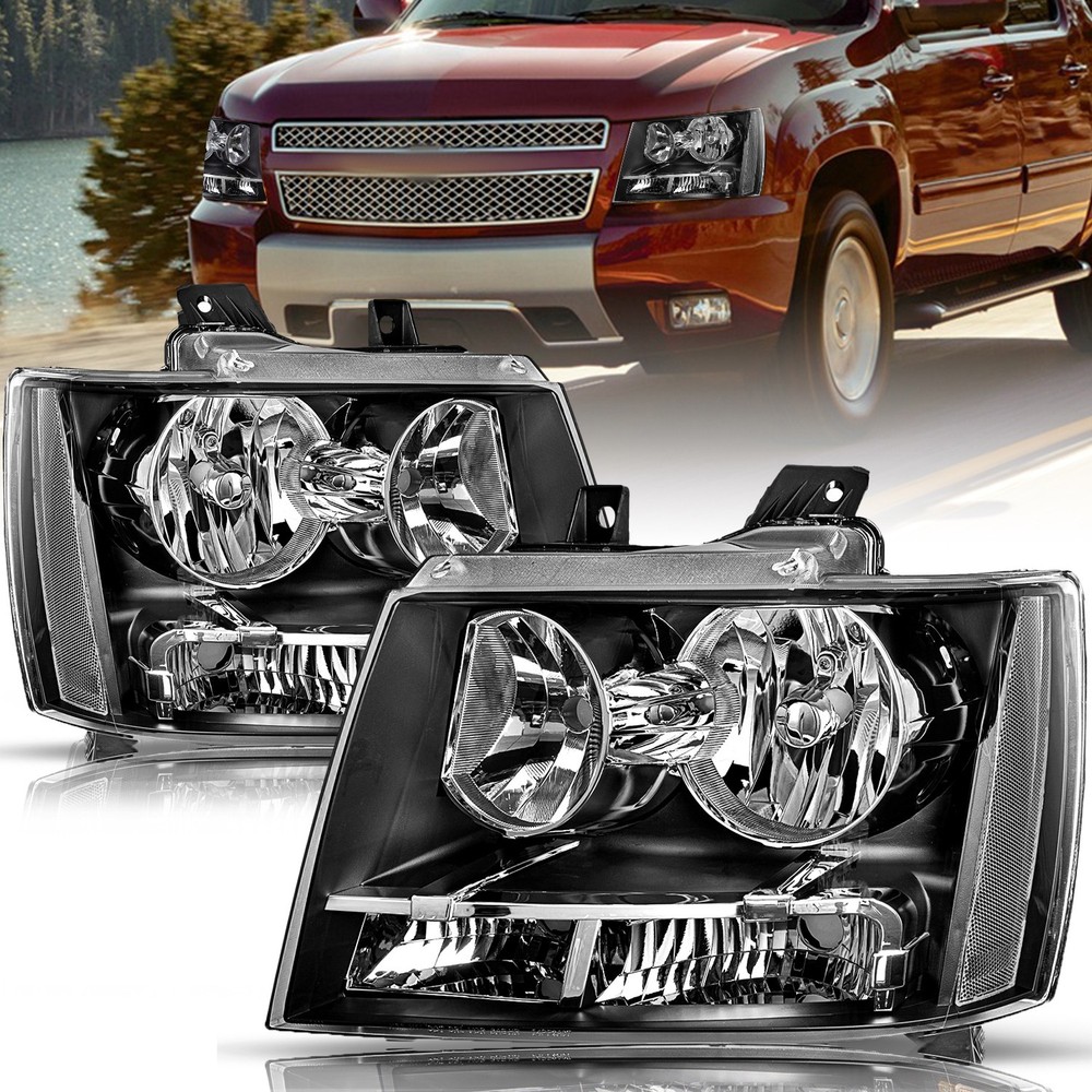 For 2007-2014 Chevy Avalanche Suburban Tahoe Black Halogen Headlights Sets 07-14