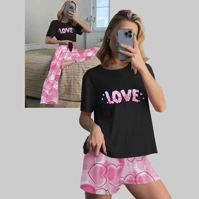 Nodless Women's 3 Piece Pajama Set Short Sleeve Sleepwear Pj  Top/Pants/Shorts