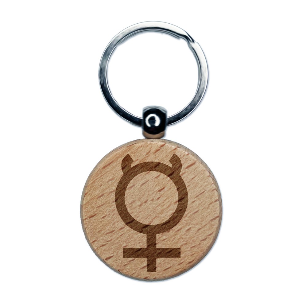 Astronomy Mercury Astrology Planet Symbol Engraved Wood Round Keychain Tag Charm