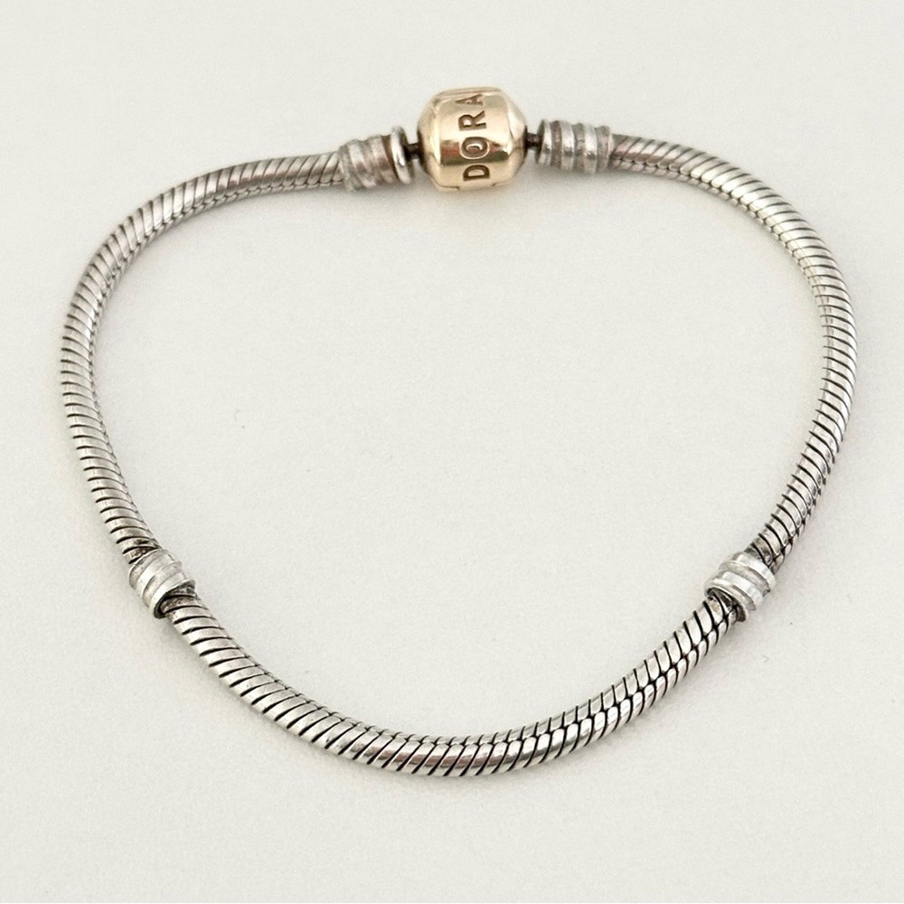 Pandora 925 & 14K Gold Two Tone Barrel Clasp Rare Retired Moments Bracelet 7.5