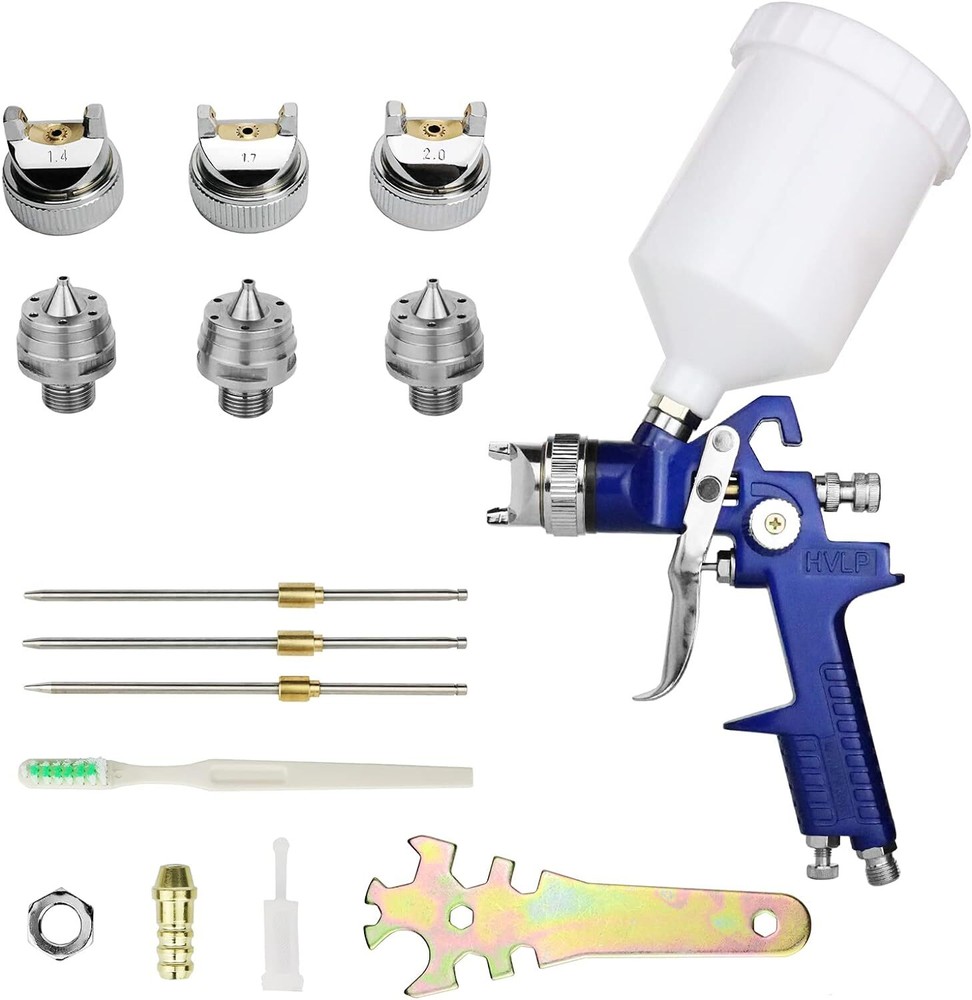 HVLP Spray Gun with Replaceable 1.4mm 1.7mm 2.0mm Nozzles Needle Cap Blue