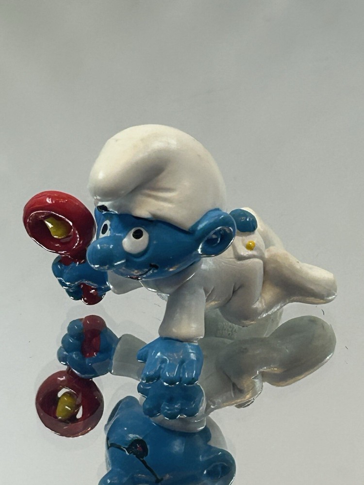 Smurfs Baby Smurf White Pajamas Rattle Vintage Figure  Toy Peyo Figurine