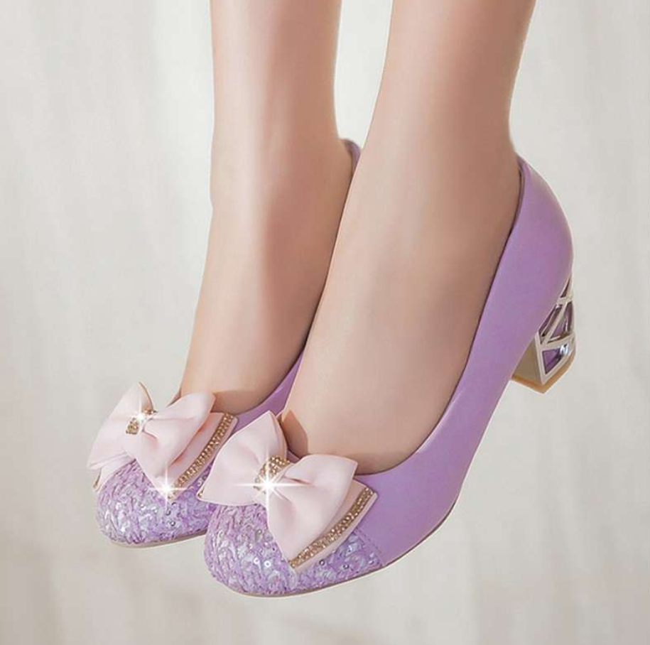 Sparkly Sequins Mary Jane Shoes with Bow Chunky Heel Korean Style Slip-On