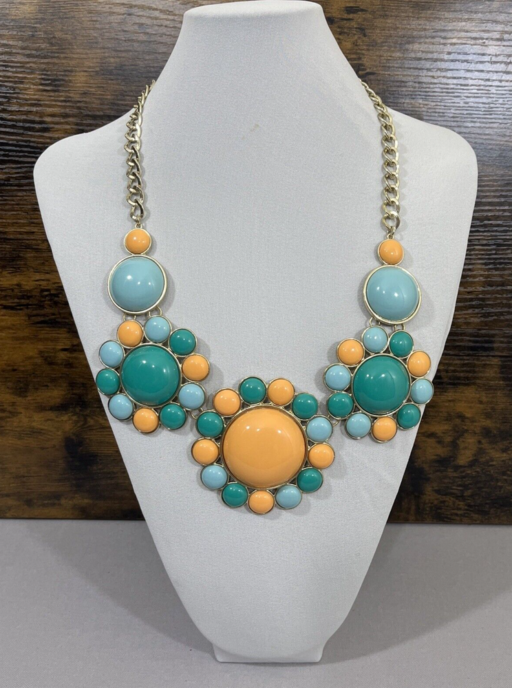 Fashion Necklace Circle Flower Design Pale Orange Teal Light Blue Pendant Chain