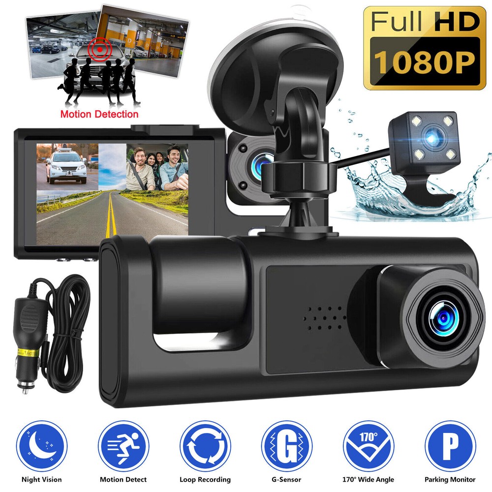 Dash Cam HD 1080p Car Dual Lens Front/Rear/Inside Video Recorder Camera G-sensor
