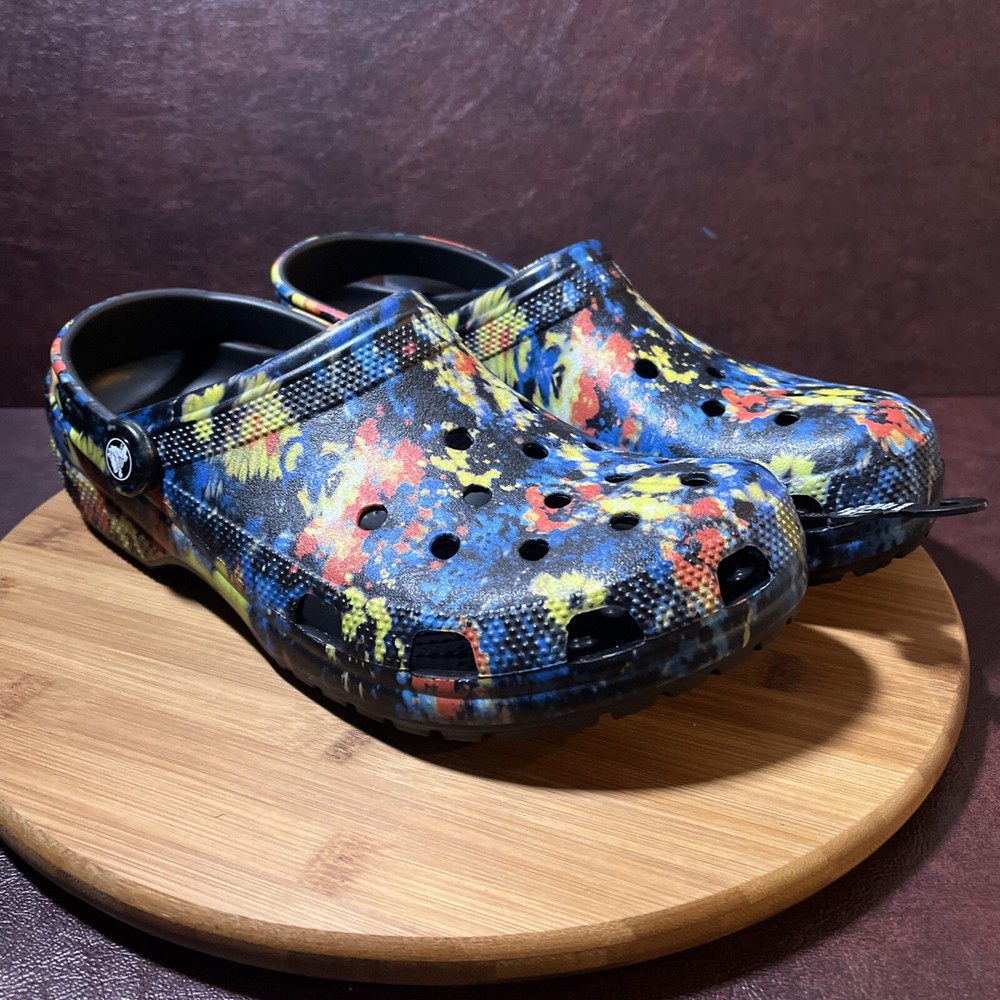 NWT Crocs Classic Cyber Beach Clog Mens 11 Womens 13 Black Multi Color Splash