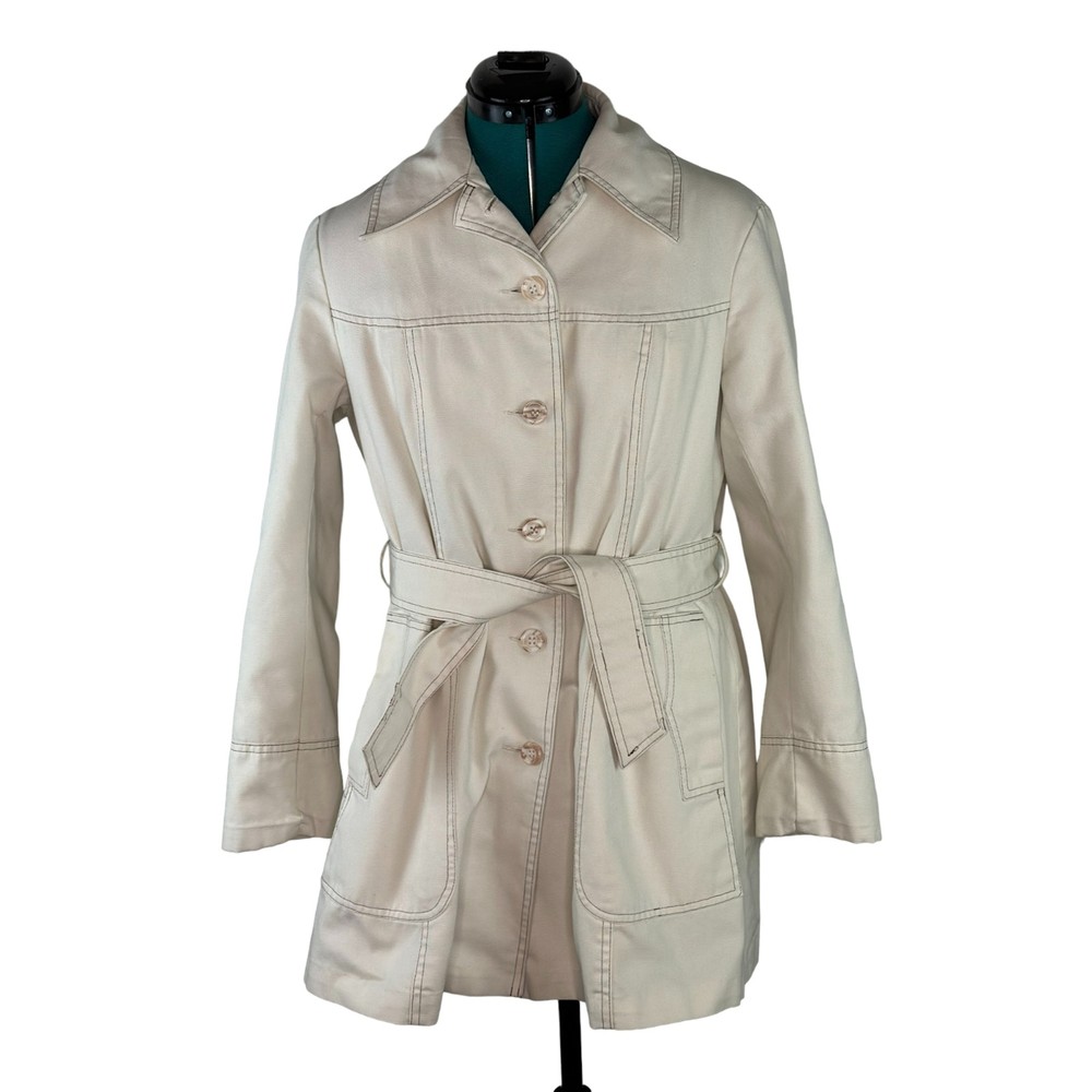 Vintage Womens JC Penney Trench Coat Beige Long Sleeve Liner Button Up 13/14