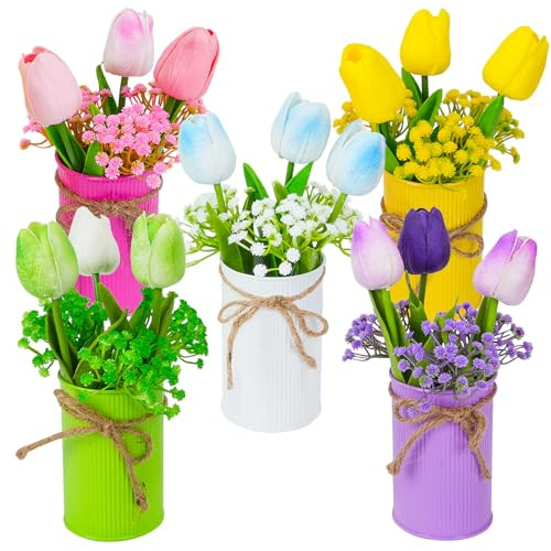 15PCS Vibrant Fake Tulips with 5 Decorative Metal Pots for Home Decor