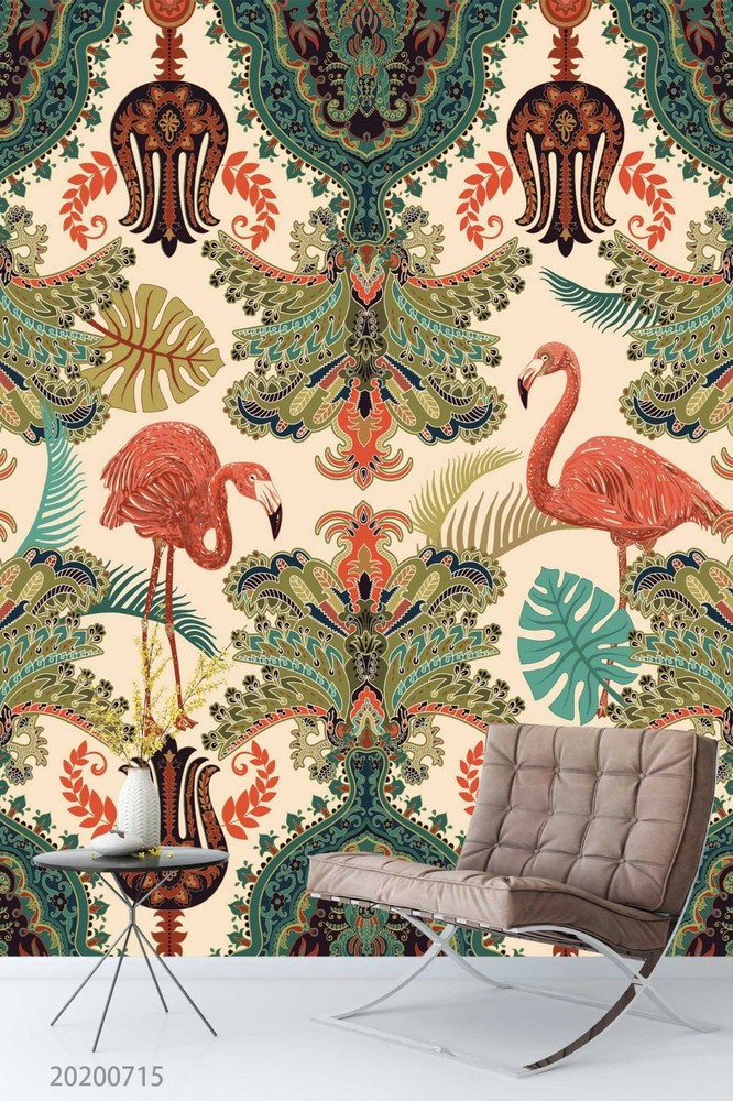 3D Vintage Botanicals Flamingo Pattern Wall Murals Wallpaper Murals Wall Sticker