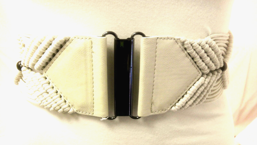 Cream Braided Beads Elastic Belt With Metal Buckle