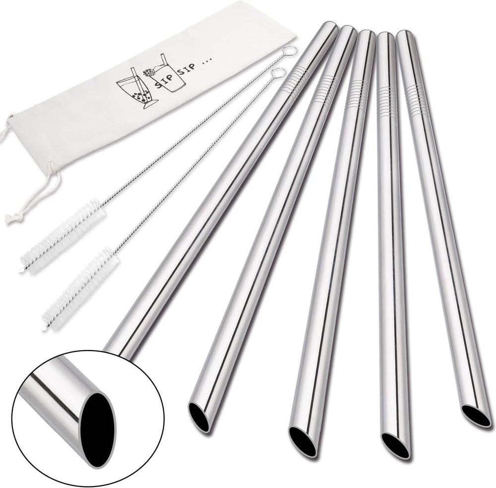 5 Pcs 10 Inch Angled-Tip Reusable Bubble Tea Straws & 8-Piece Set in Silver