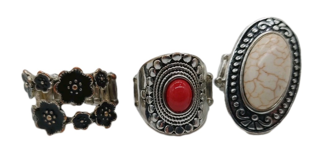 Paparazzi Jewelry Stretch Rings White Red Black Silver Tone Floral Lot Of 3