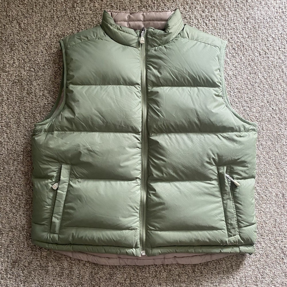 L.L.Bean Mens Reversible Goose Down Puffer Vest in Green Tan Nylon Full Zip Large