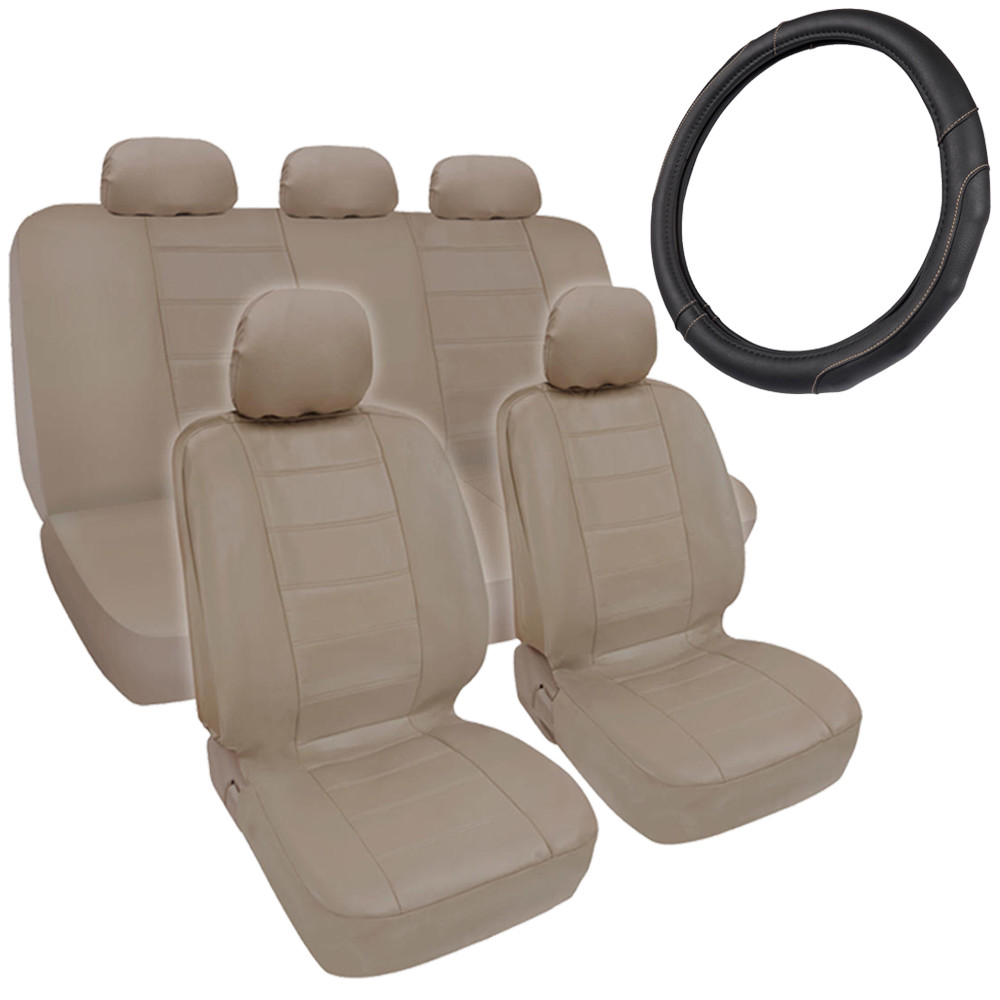 Beige PU Leather Car Seat Covers with Black/Beige Stitching & Matching Steering Wheel Cover