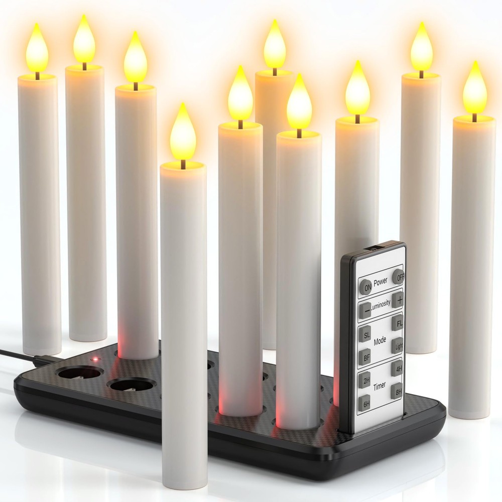 Flameless Taper Candles with Remote & Charging Station, 10 Pack 6.7