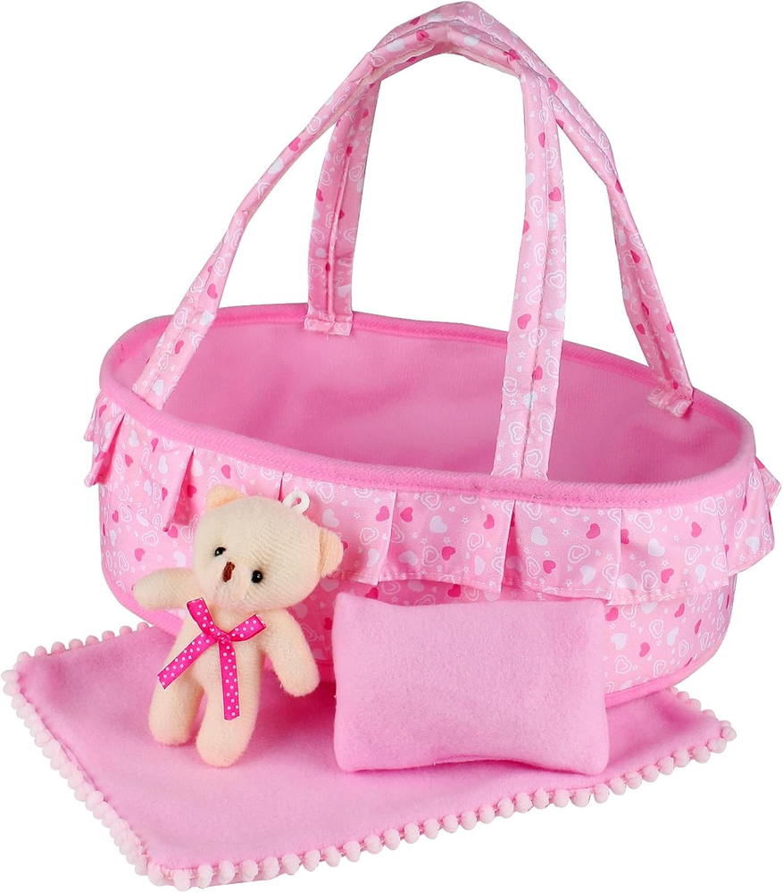 Baby Doll Cradle Bassinet Carry Bag with Soft Pillow, Quilt & Bear for 8-12 Inch