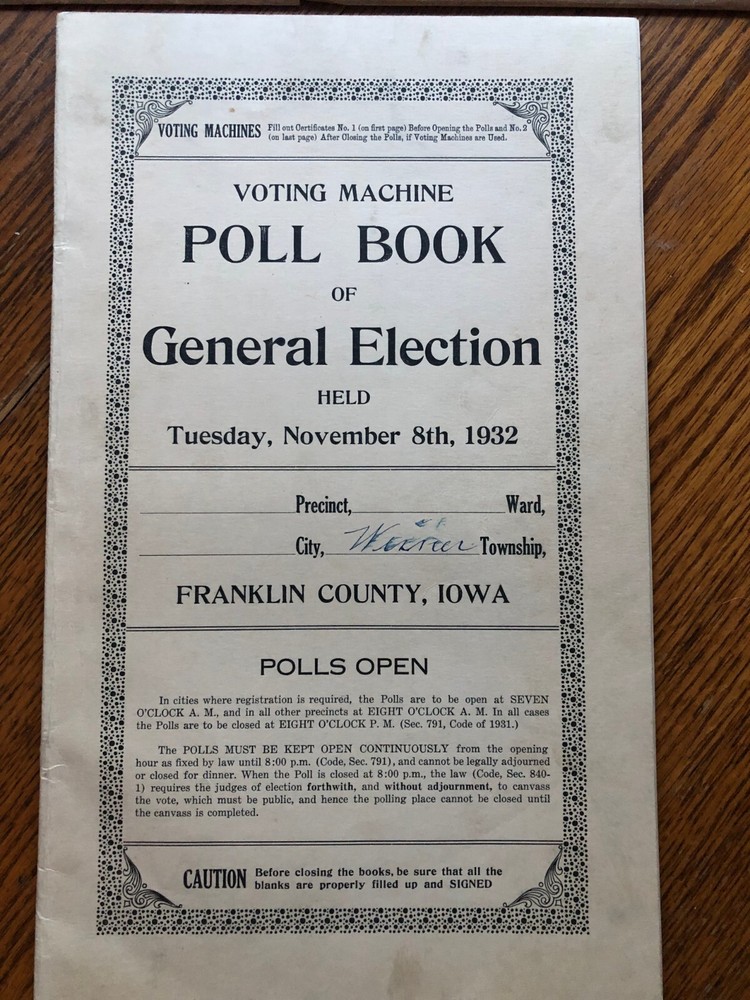 1932 FRANKLIN COUNTY IOWA GENERAL ELECTION POLL BOOK & ENVELOPE FDR FOR PRES