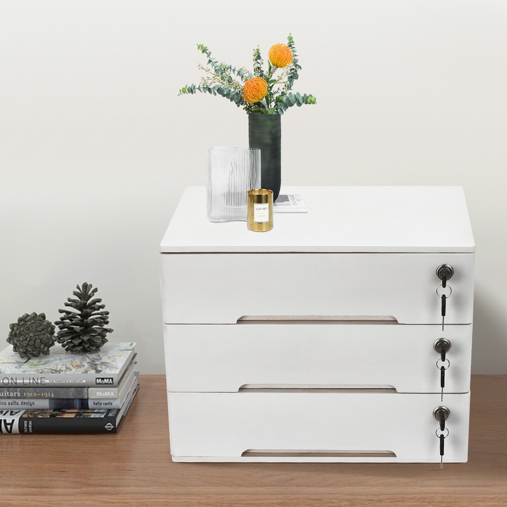 Wooden Desktop Storage Box with Lockable Drawers, Office Supplies File Organizer