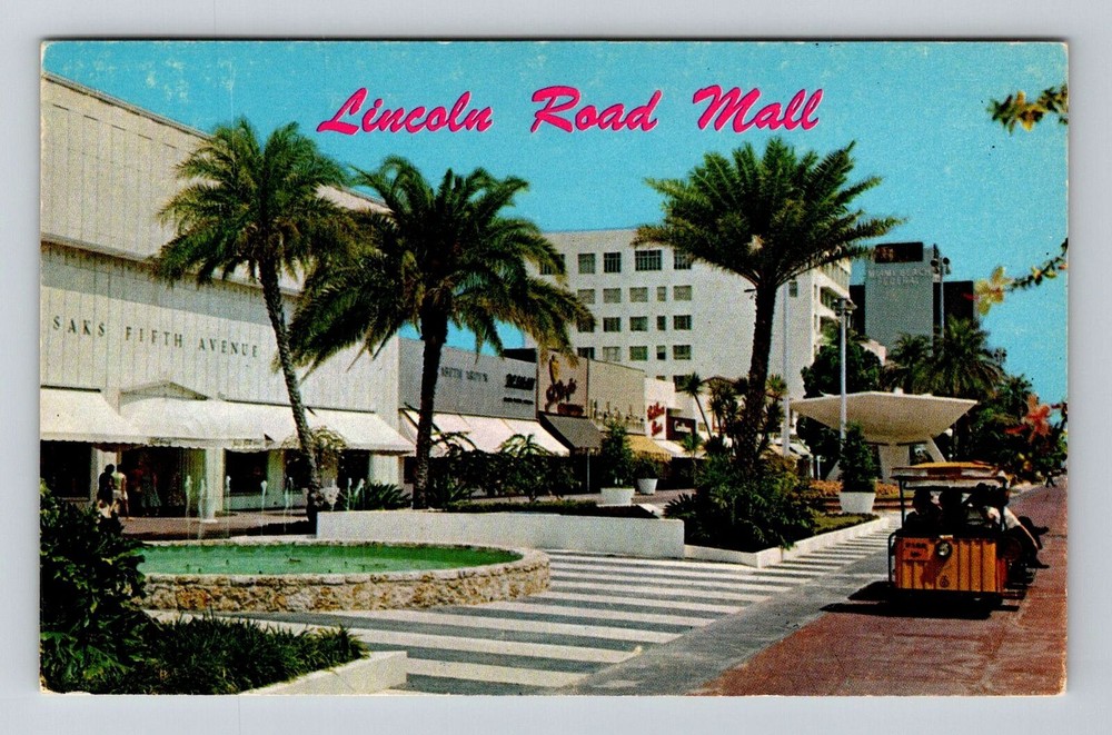 Vintage Tram Cars at Miami’s Lincoln Road Mall Florida Postcard