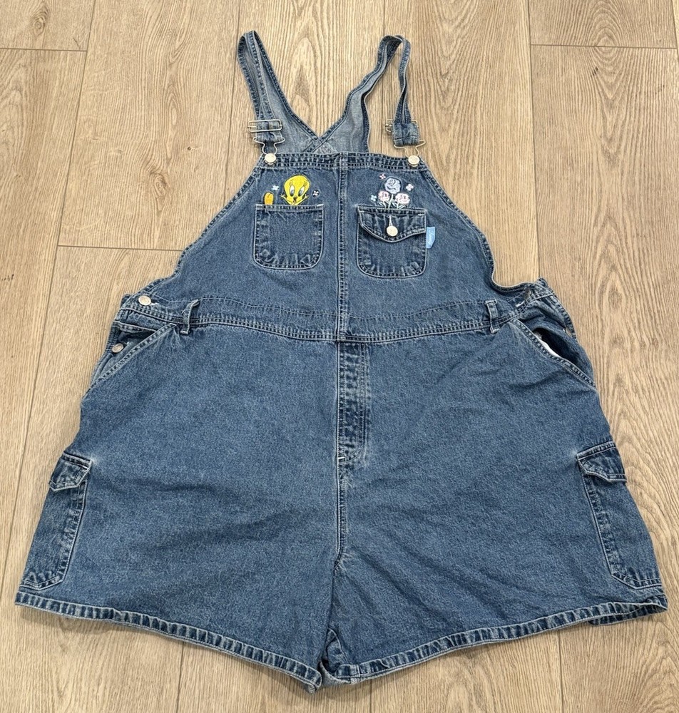 Vintage Y2K Looney Tunes Women's Denim Bibs Tweety Bird Size 26W - 28W Cartoon