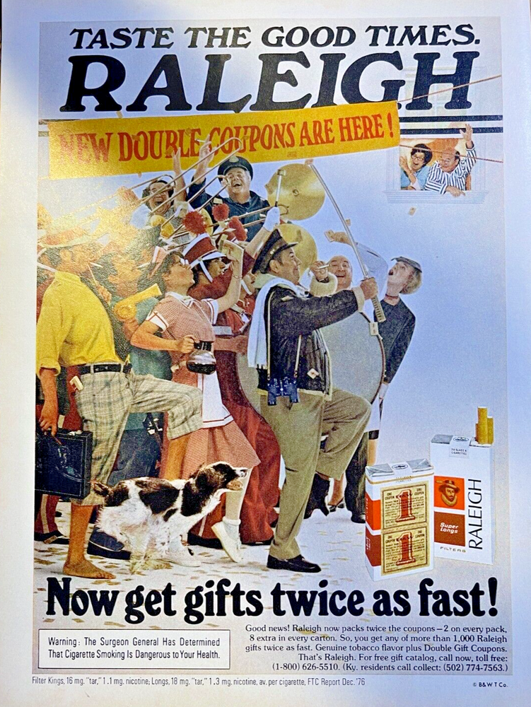 Magazine Advertisement 1977 Raleigh Cigarettes Norman Rockwell Style Band Parade