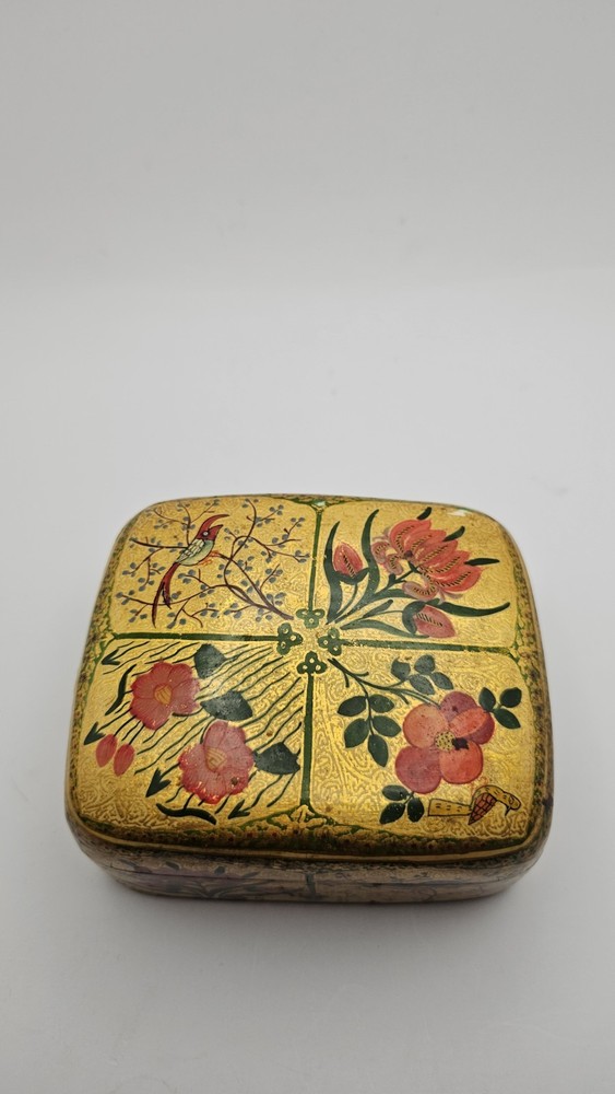 Vintage Indian Kashmiri Marigold Paper Mache Trinket Box with Birds & Floral Design  